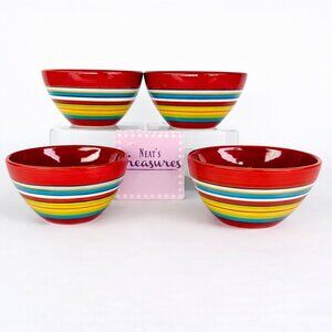 Tabletops WATER COLOR RED White Aqua Colorful Stripes Ceramic Bowls Set of 4